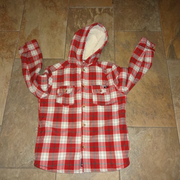 Youth-Lucky Brand sherpa lined, hooded shacket/jacket red plaid girl/boy M - Picture 1 of 8